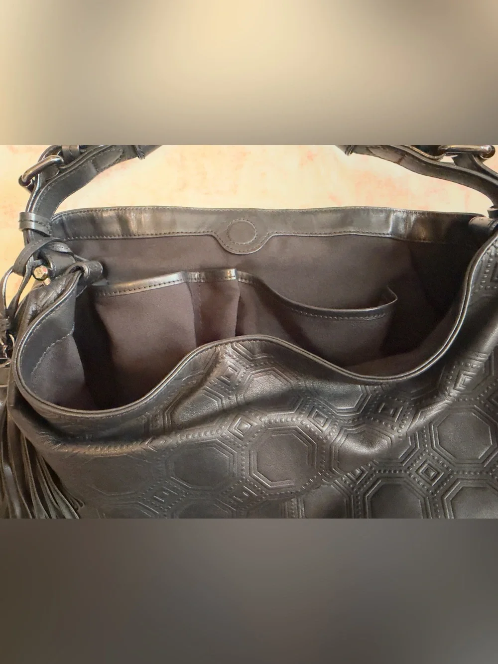 Vince Camuto Signature Black Embossed Leather Hobo Bag with Removable Tassels